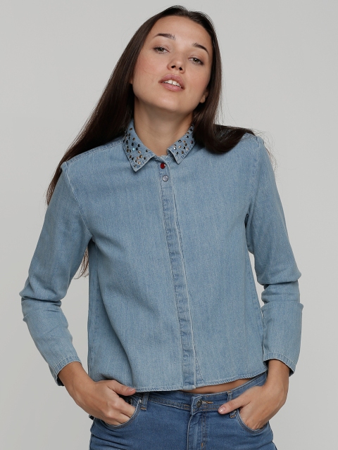 

Splash Women Blue Solid Denim Shirt Style Top