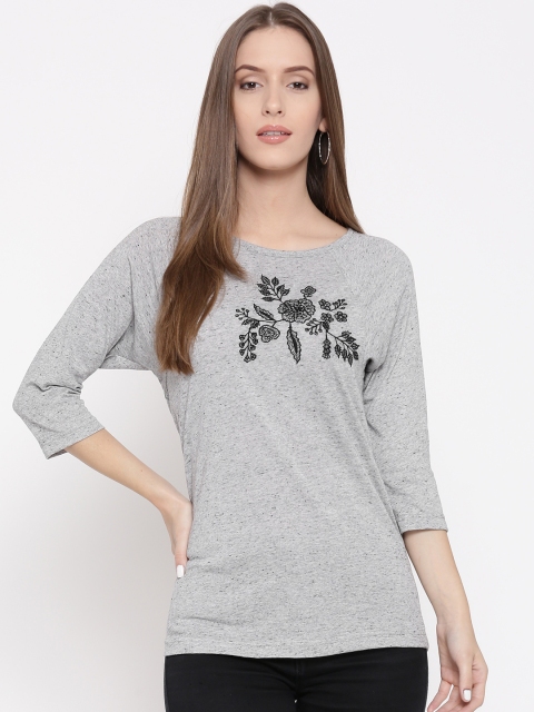 

Vaak Women Grey Melange Embroidered Detail Top