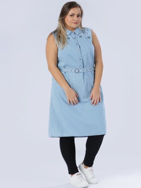 

Splash Women Blue Solid Denim Midi Shirt Dress