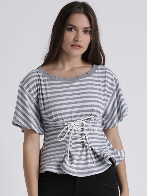 

Splash Women White & Grey Striped Peplum Pure Cotton Top