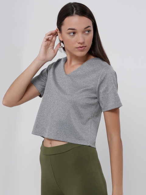 

Splash Women Grey Melange Solid Styled Back Crop Top