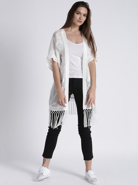 

Splash Off-White Embroidered Open Front Longline Shrug