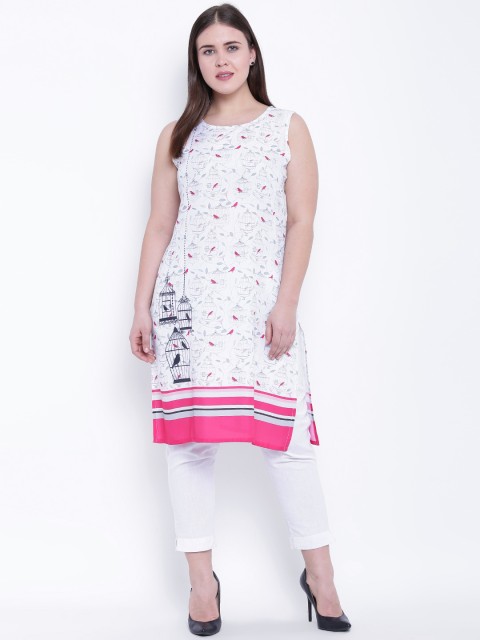 

aLL Plus Size Women White Pink Printed Straight Kurta