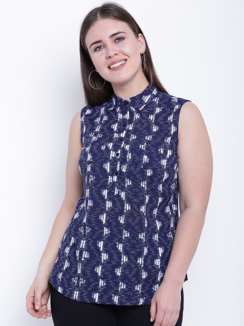 

aLL Plus Size Women Navy Blue Printed Shirt Style Top
