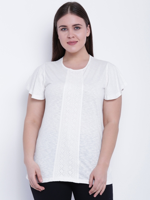

aLL Plus Size Women White Solid Pure Cotton Top with Lace Inserts