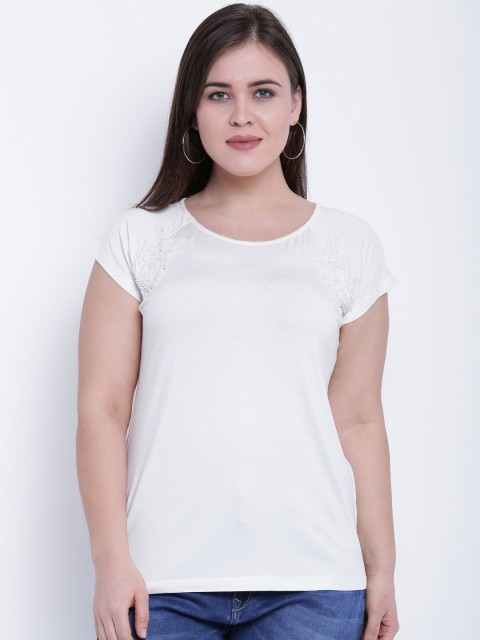 

aLL Plus Size Women Off-White Solid Top with Embellishment