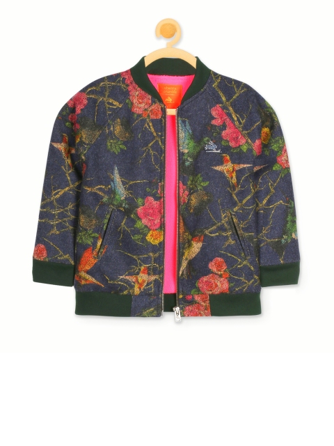

Cherry Crumble Girls Blue Printed Bomber Jacket