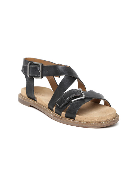 

Clarks Women Black Solid Leather Open Toe Flats