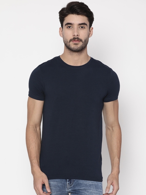 

Slub Men Navy Blue Solid Round Neck T-shirt
