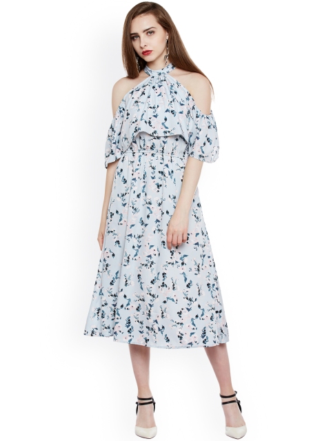 

THE SILHOUETTE STORE Women Blue Printed Cold-Shoulder A-Line Dress