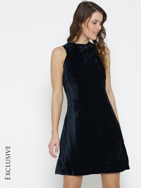 

Miss Chase Women Navy Blue Solid Velvet Finish A-Line Dress
