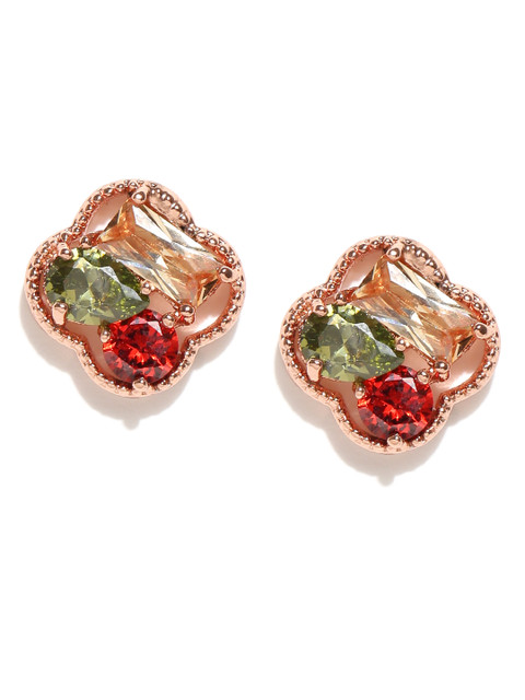 

Jewels Galaxy Multicoloured Rose Gold-Toned CZ Stone-Studded Handcrafted Floral Studs, Multi