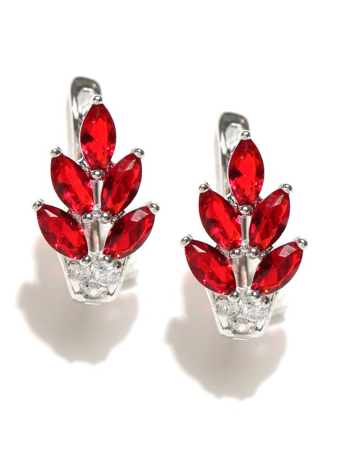 

Jewels Galaxy Silver-Plated CZ Stone-Studded Handcrafted Leaf-Shaped Studs, Red