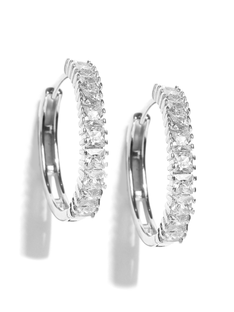 

Jewels Galaxy Platinum-Plated CZ Stone-Studded Handcrafted Hoop Earrings, Silver