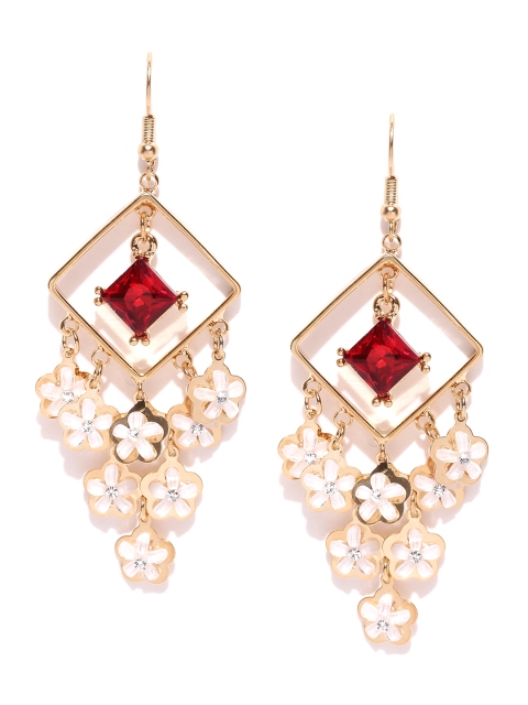 

Jewels Galaxy Off-White & Red Gold-Plated Handcrafted Floral Drop Earrings