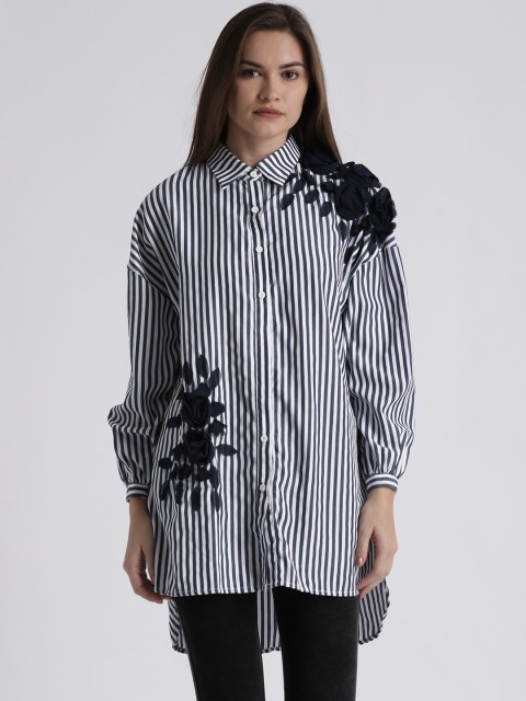 

Splash Women Navy Blue & White Slim Fit Striped Casual Shirt