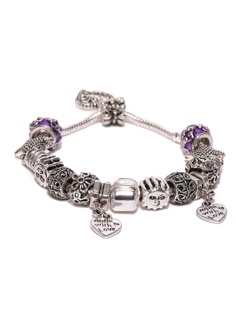 

Jewels Galaxy Oxidised Silver-Toned & Purple Rhodium-Plated Handcrafted Charm Bracelet