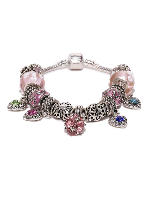 

Jewels Galaxy Oxidised Silver-Toned & Pink Rhodium-Plated Handcrafted Charm Bracelet
