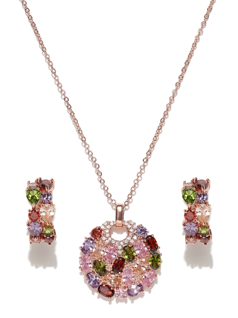 

Jewels Galaxy Multicoloured Rose Gold-Plated CZ Stone-Studded Jewellery Set, Multi