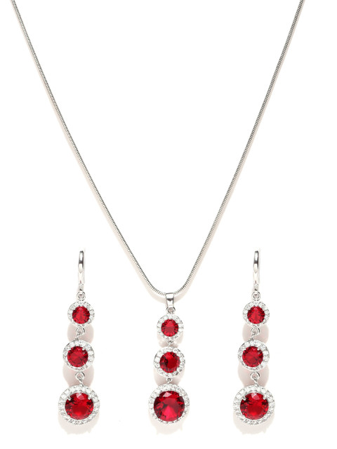

Jewels Galaxy Red & Silver-Toned Platinum-Plated CZ Stone-Studded Jewellery Set