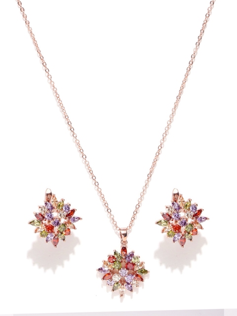 

Jewels Galaxy Multicoloured 18K Rose Gold-Plated CZ Stone-Studded Jewellery Set, Multi