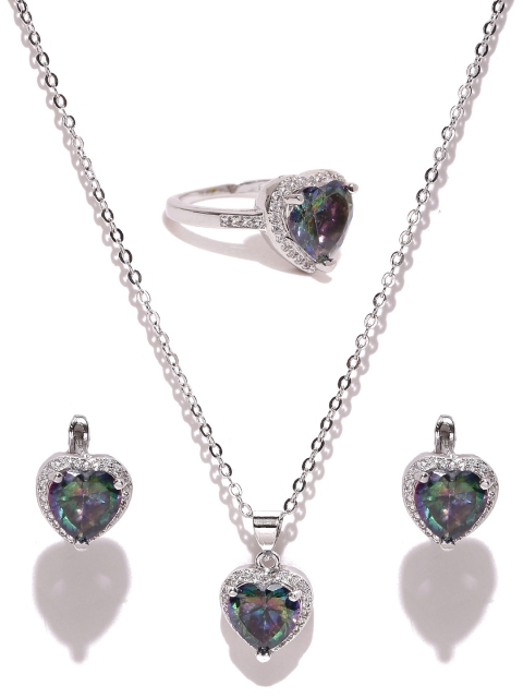 

Jewels Galaxy Luxuria Edition Silver-Toned & Green CZ Stone-Studded Jewellery Set