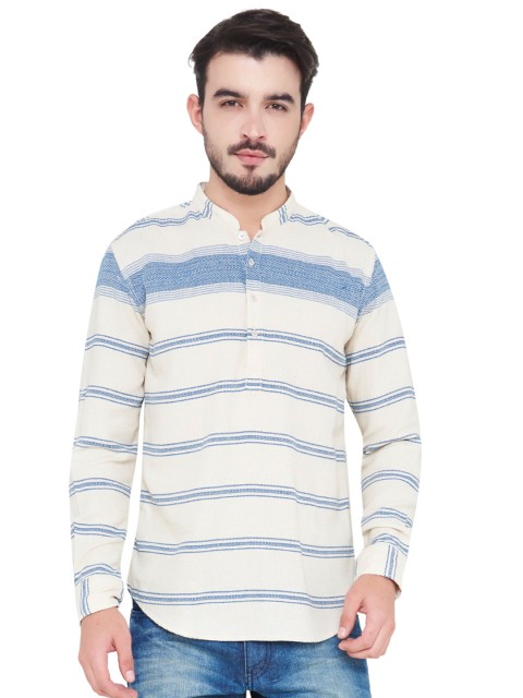 

IVOC Men Off-White & Blue Striped Straight Short Kurta