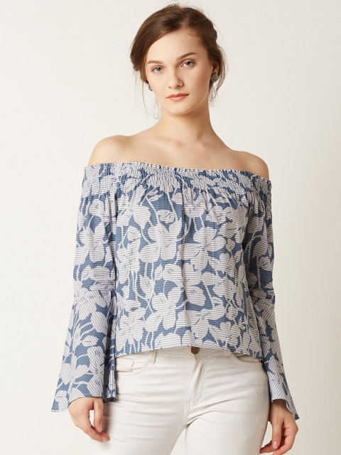 

Miss Chase Women Blue & Off-White Printed Bardot Pure Cotton Top