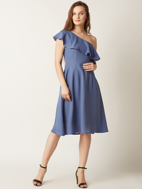 

Miss Chase Women Blue Solid One-Shoulder Fit & Flare Dress