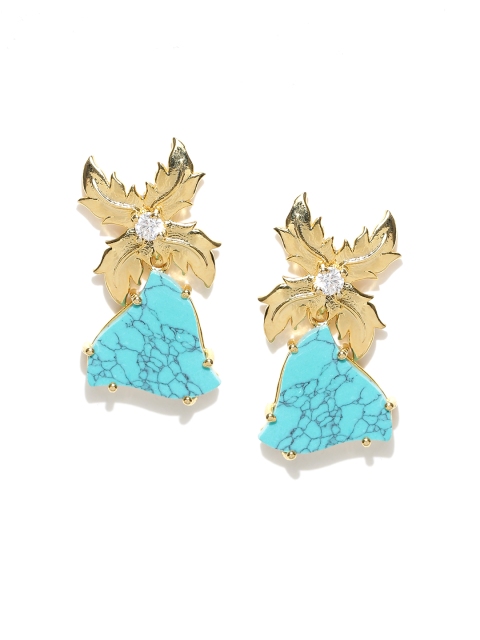 

Alamod Blue Gold-Plated Triangular Stone-Studded Drop Earrings