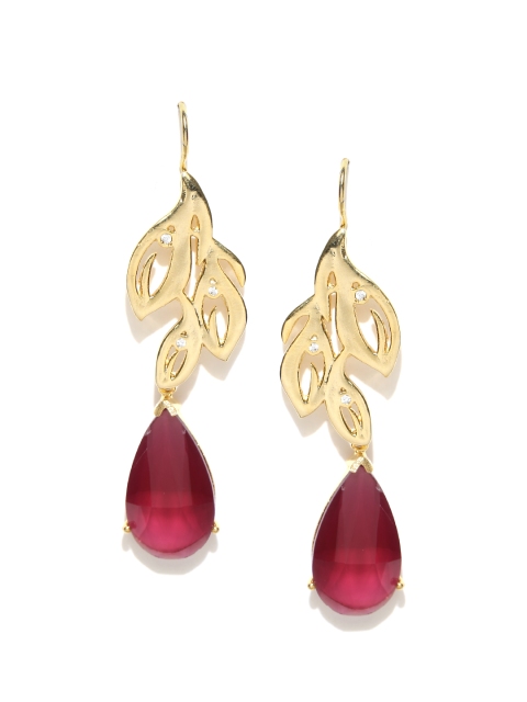 

Alamod Red Gold-Plated Teardrop Shaped Stone-Studded Drop Earrings