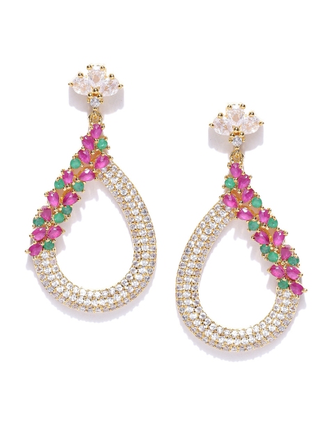 

Alamod Pink Gold-Plated Stone-Studded Teardrop Shaped Drop Earrings