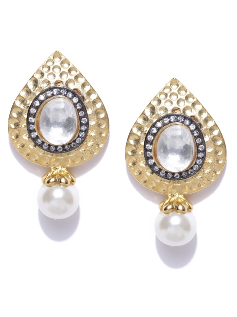 

Alamod Off-White Gold-Plated Kundan Teardrop Shaped Drop Earrings