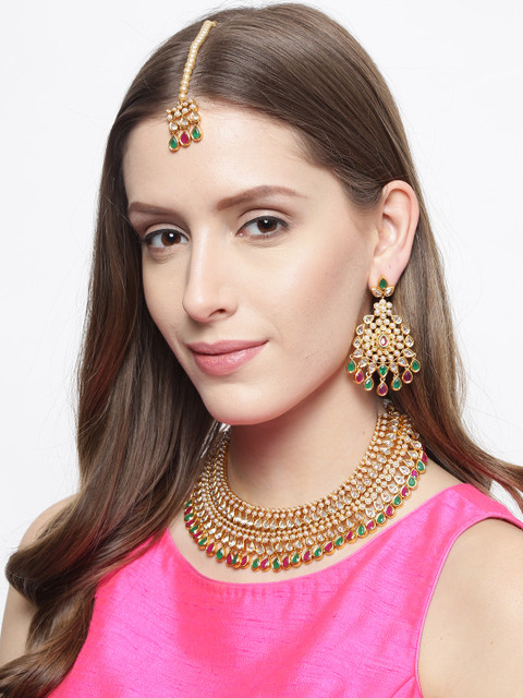 

Alamod Off-White & Pink Gold-Plated Ruby Pearl-Studded Bridal Choker Jewellery Set