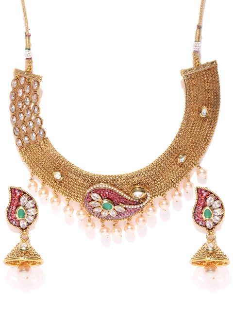 

Alamod Red Gold-Plated Stone-Studded Beaded Jewellery Set