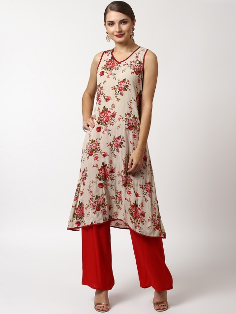 

SASSAFRAS Women Beige & Red Printed Straight Kurta