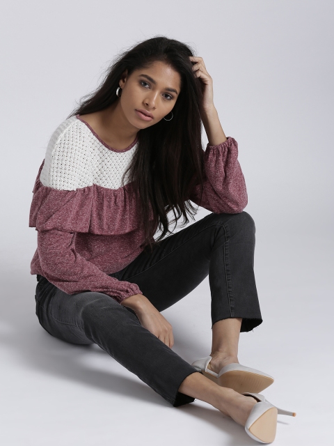 

Chemistry Women Burgundy & Off-White Ruffled Solid Styled Back Top