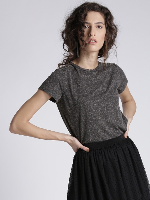 

Chemistry Women Charcoal Grey Solid Round Neck T-shirt