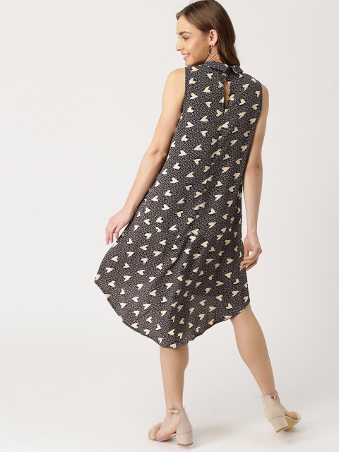 

DressBerry Women Black & Peach-Coloured Printed Drop-Waist Dress