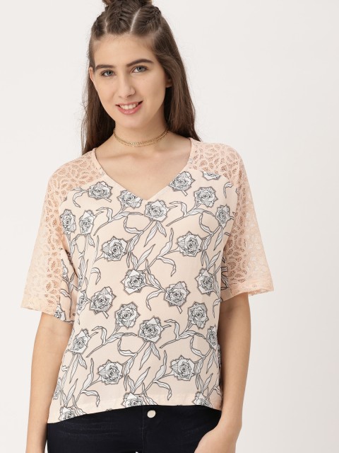 

DressBerry Women Peach-Coloured Printed Semi-Sheer Top