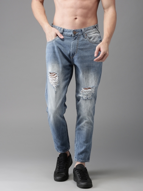

HERE&NOW Men Blue Slim Tapered Fit Mid-Rise Mildly Distressed Cropped Jeans