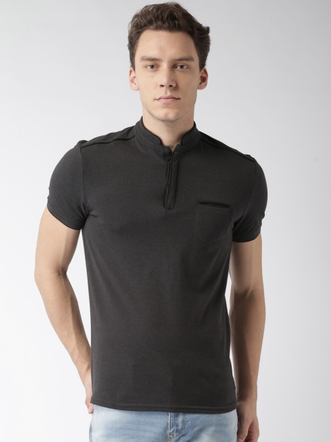 

Celio Men Charcoal Grey Solid Mandarin Collar T-shirt