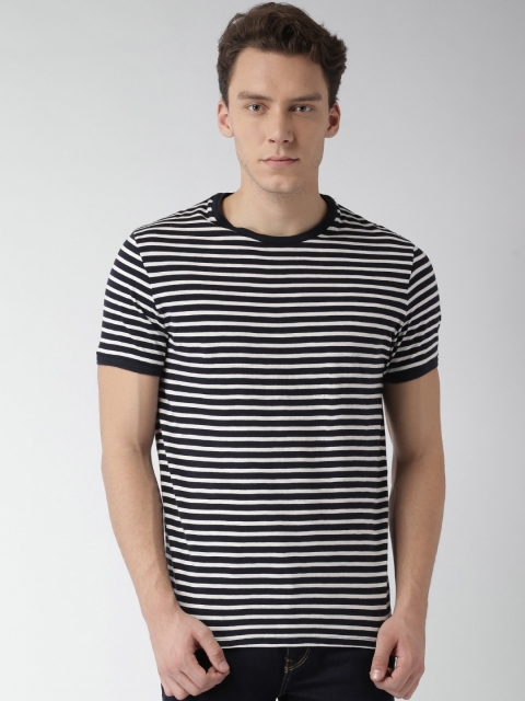 

Celio Men Navy White Striped Round Neck Pure Cotton T-shirt, Navy blue