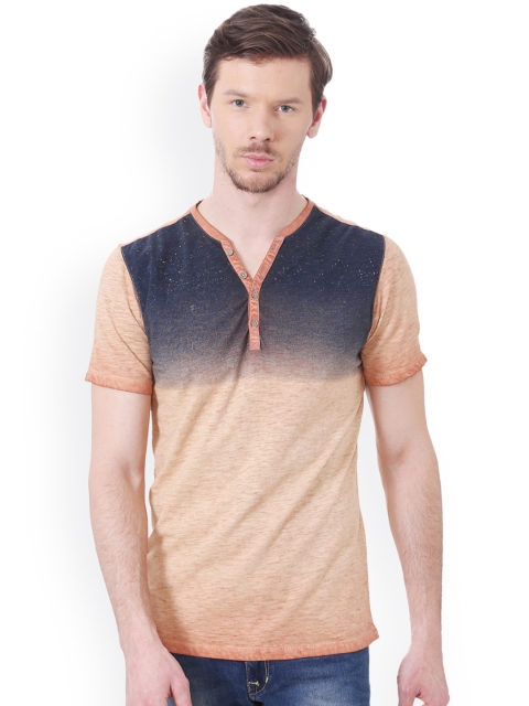 

Peter England Casuals Men Peach-Coloured & Navy Colourblocked Henley Neck T-shirt