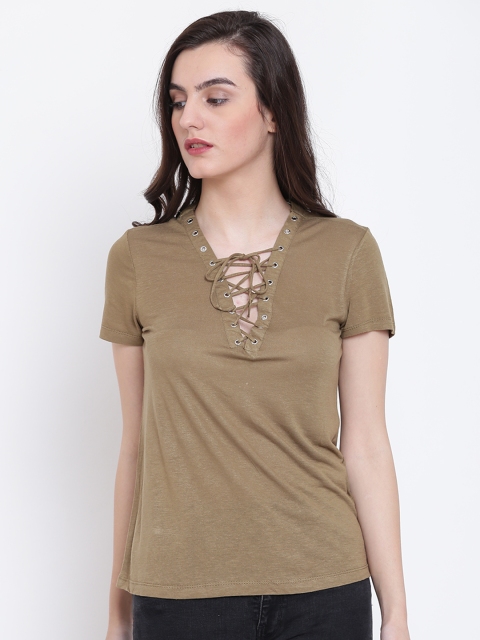 

FOREVER 21 Women Olive Green Solid Lace-Up Top
