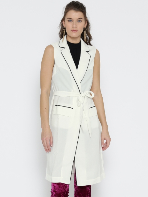

FOREVER 21 Women Off-White Solid Sleeveless Longline Duster Jacket