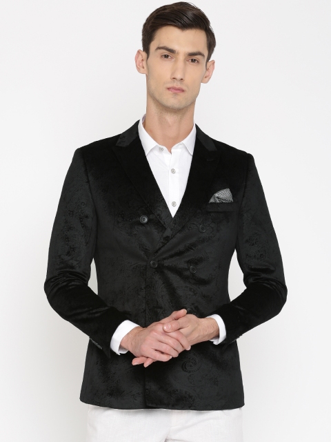 

Peter England Black Patterned Slim Fit Double-Breasted Party Blazer