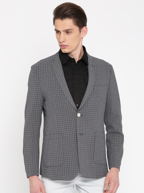 

Peter England Beige & Navy Checked Euro Fit Single-Breasted Formal Blazer, Khaki