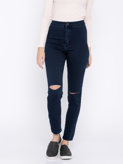 

FOREVER 21 Women Blue Regular Fit Mid-Rise Slash Knee Stretchable Jeans