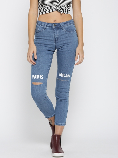 

FOREVER 21 Women Blue Mid-Rise Slash Knee Stretchable Cropped Jeans